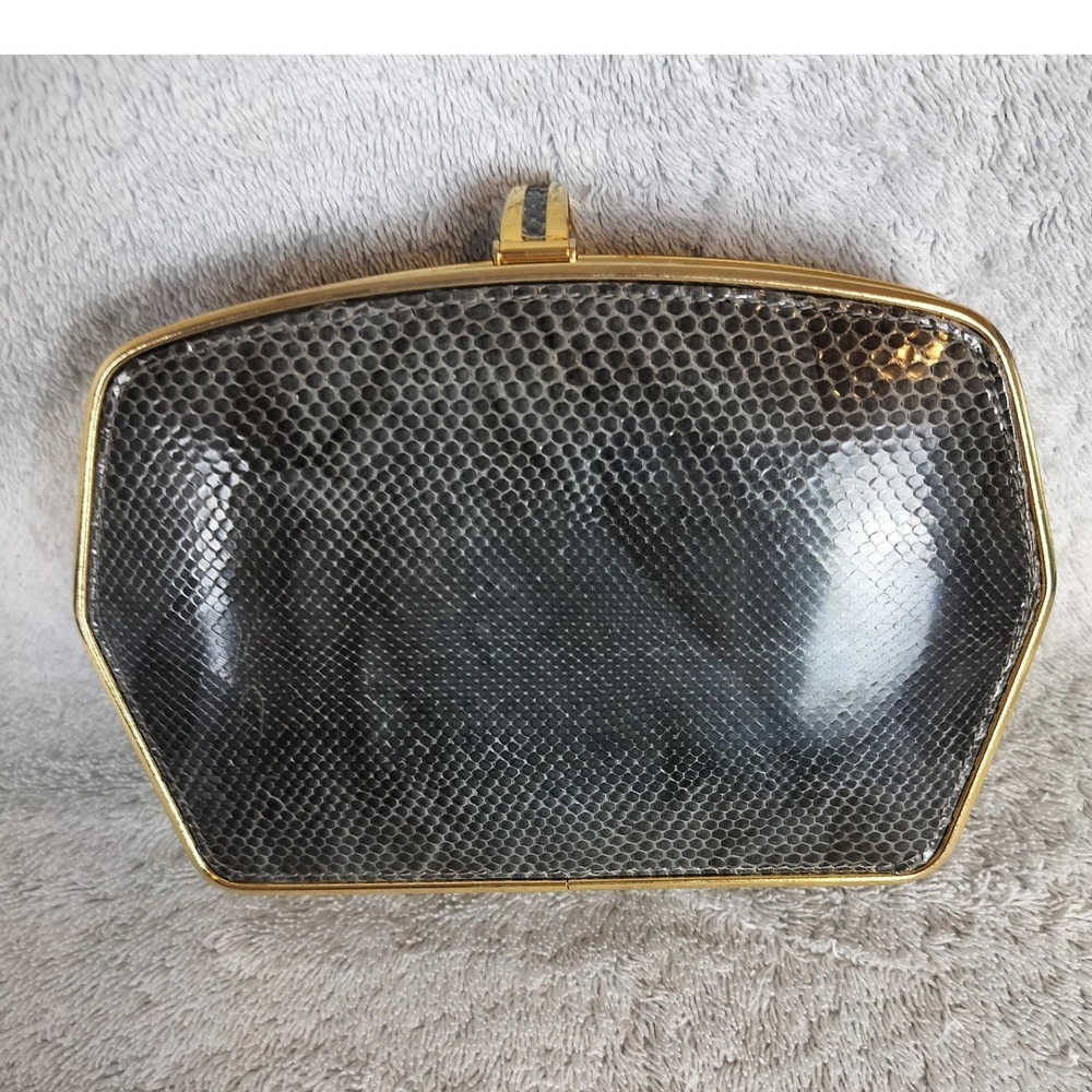 Vintage Snakeskin Hard Shell Box Clutch‎ Women Grey Gold Frame Evening Bag